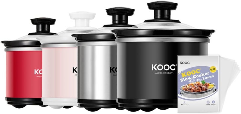 KOOC Small Slow Cooker, 0.65 Quart, Free Liners Included, Upgraded Ceramic Pot, Nutrient Loss Reduction, Sauces, Stews & Dips, Stainless Steel, Black, Round - Image 1